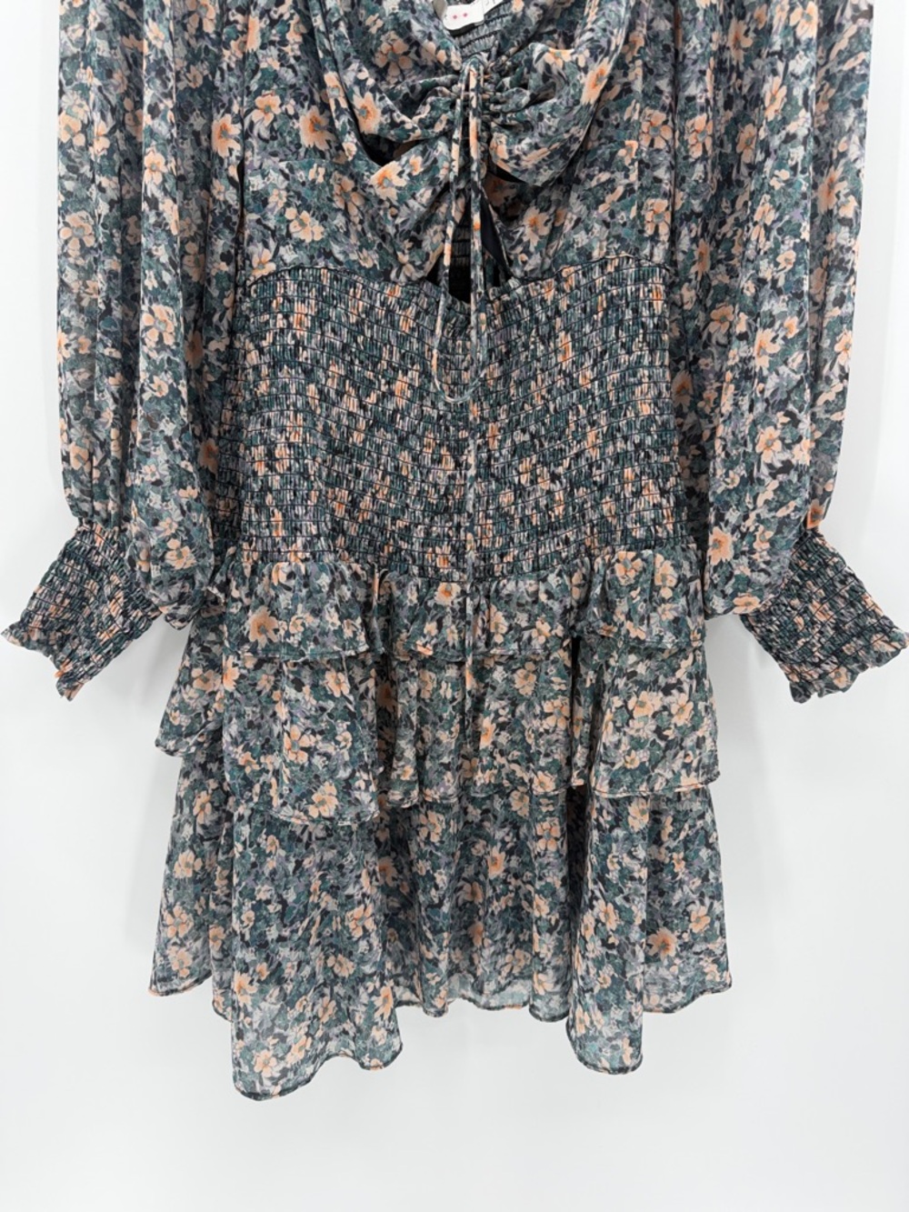 ASTR Long Sleeve Ruffled Mini Dress - Blue/Peach - Large - Picture 3 of 7